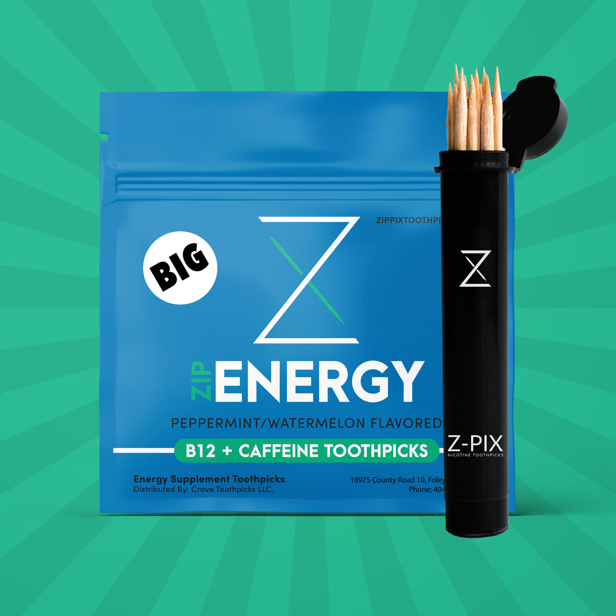 A blue pouch of Z-PIX Big Energy B12 + Caffeine Toothpicks next to a black cylindrical holder filled with wooden toothpicks, set against a green sunburst background.