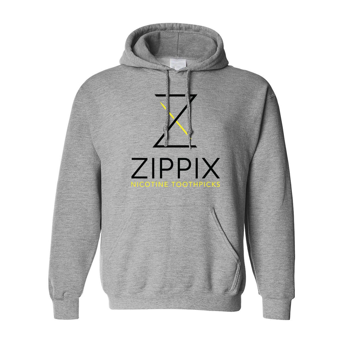 Front view of the grey Zippix Good Wood Hoodie. Zippix Nicotine Toothpicks logo is large across the front/center of hoodie.