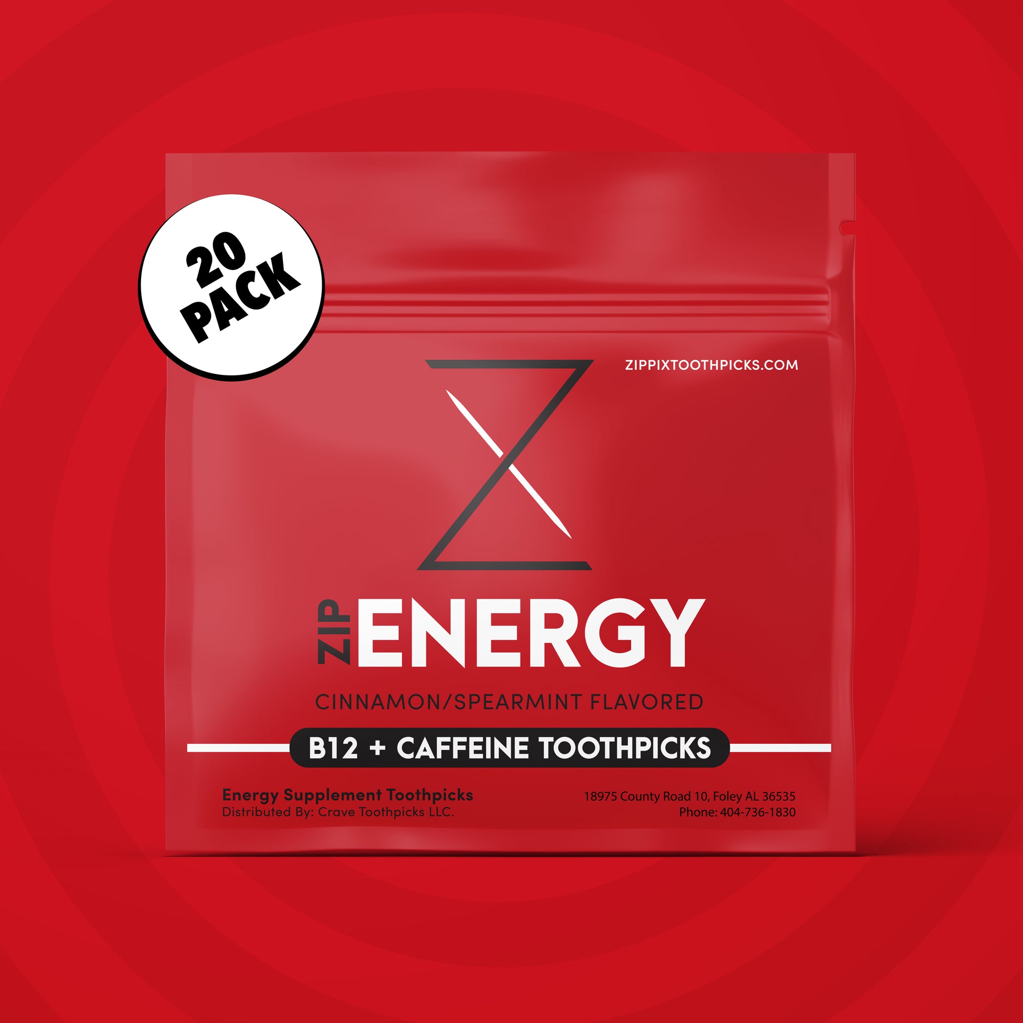 20 Count Cinnamon ZipEnergy® B12 + 30mg Caffeine Toothpicks