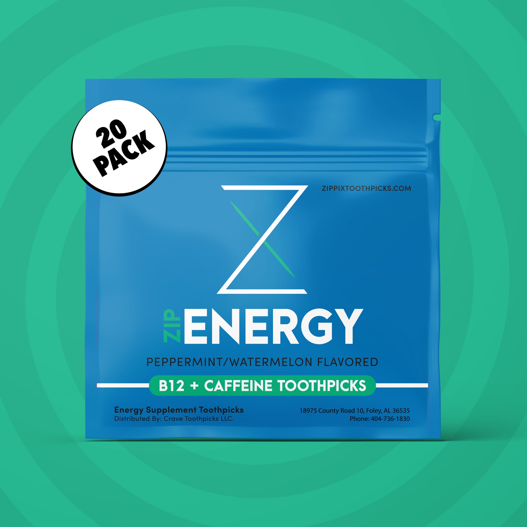 20 Count Peppermint/Watermelon ZipEnergy® B12 + 30mg Caffeine Toothpicks