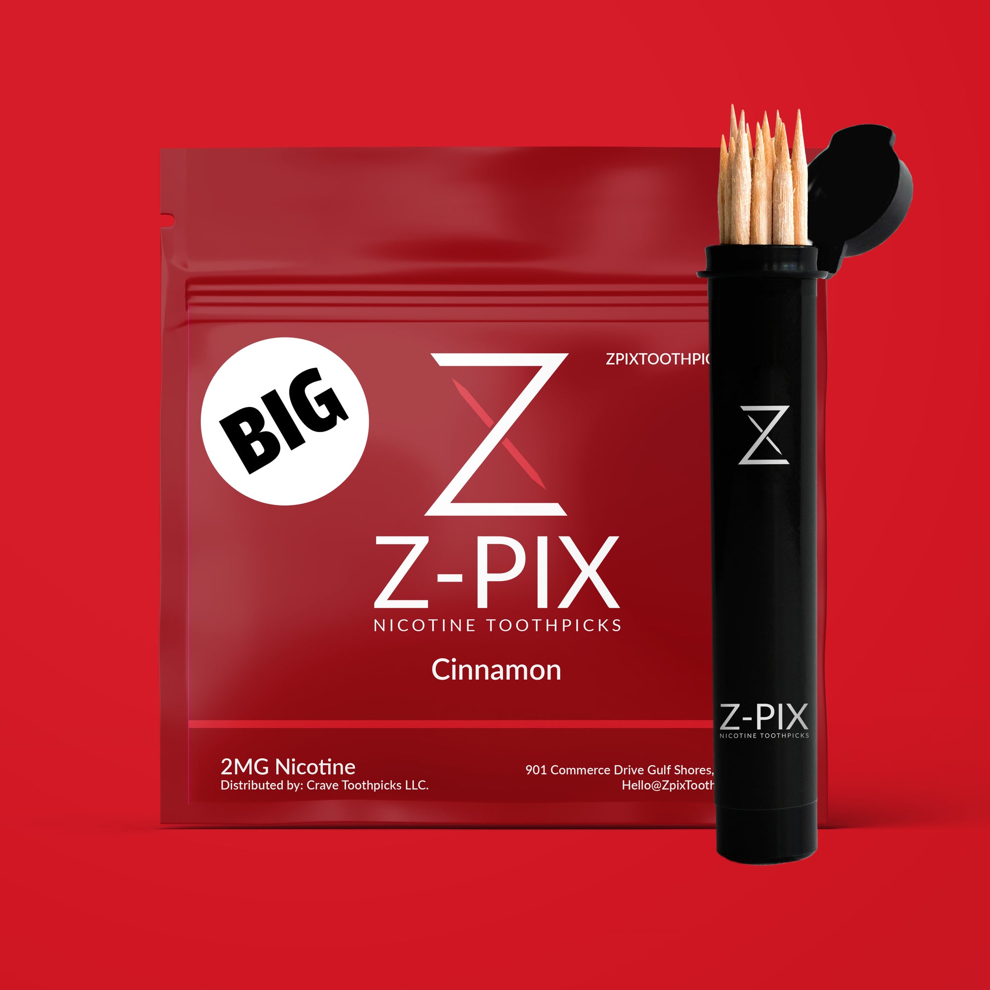 Z-Pix Nicotine Toopicks in a red pouch with a black cylindrical holder containing four toothpicks, shown on a solid red background.