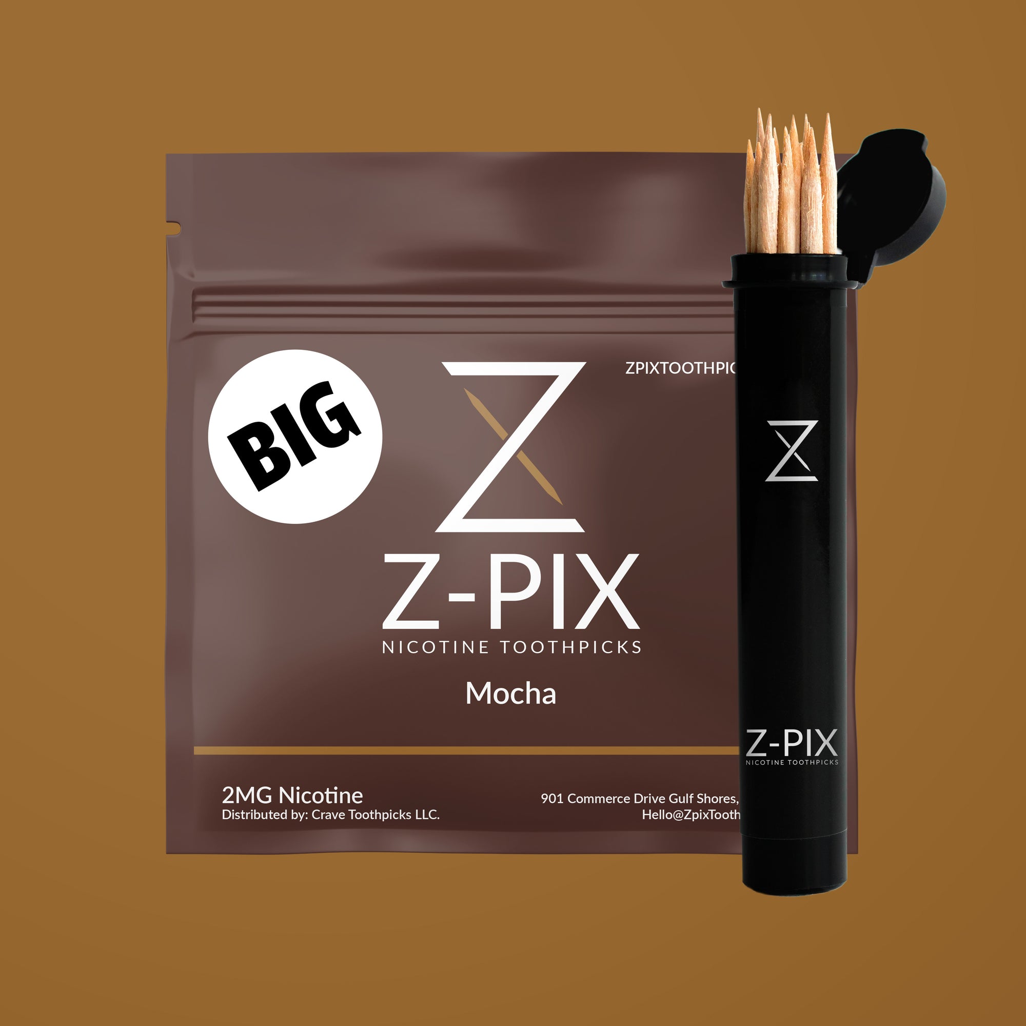 BIG Z-Pix™ Mocha nicotine toothpicks – brown pouch with carry tube