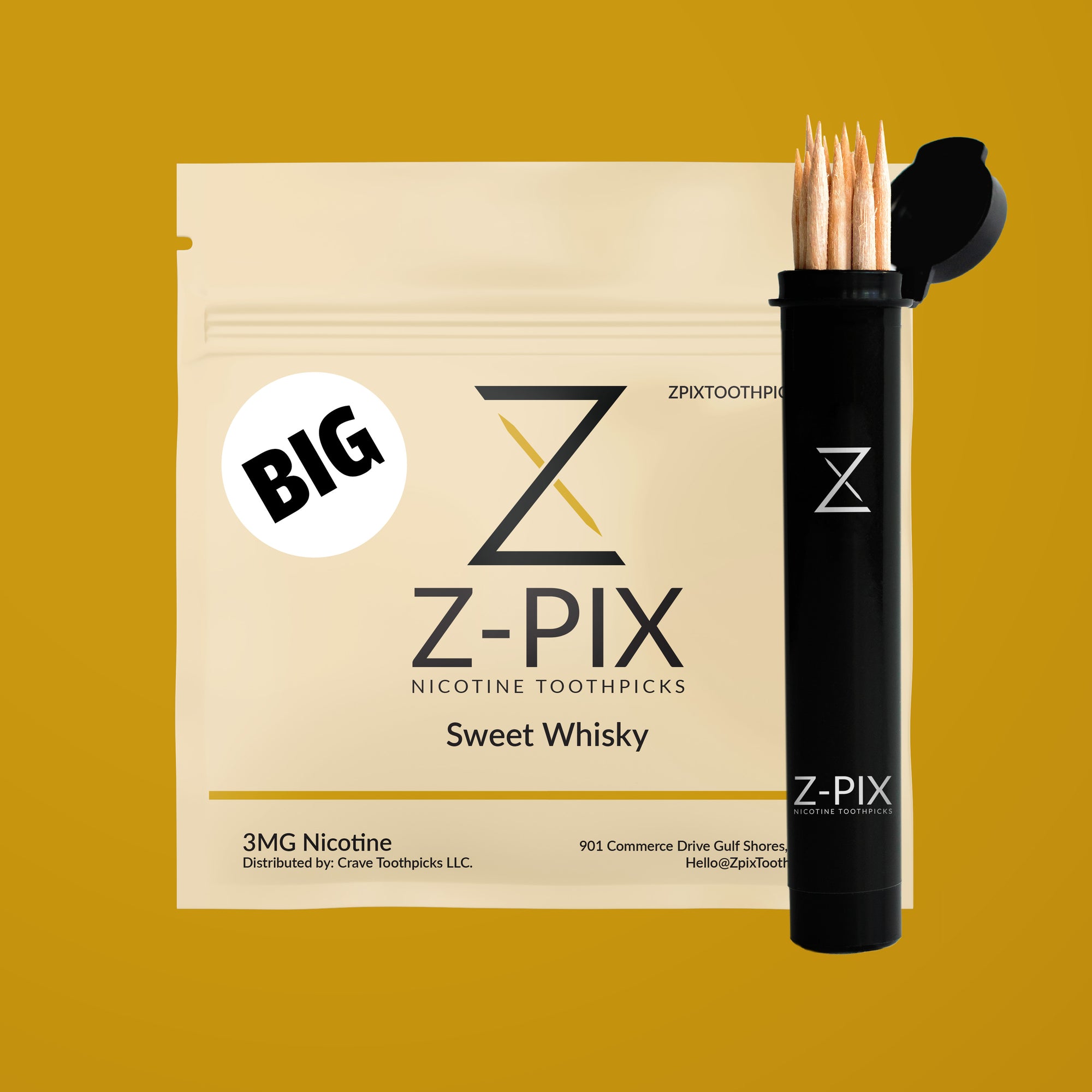 BIG Z-Pix™ Whisky nicotine toothpicks – pouch with black carry tube