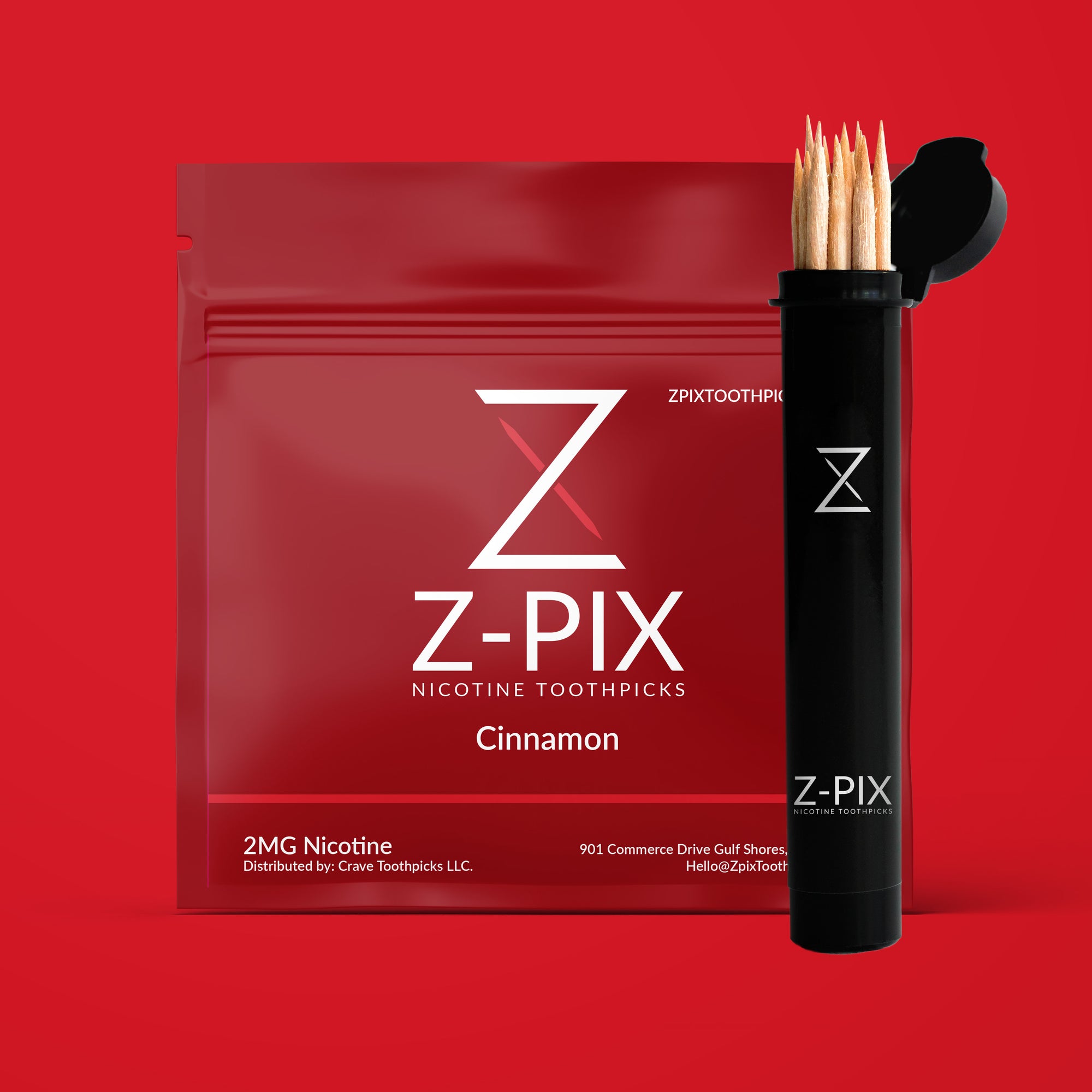 Z-Pix Nicotine Toothpicks in Cinnamon flavor, showing a red resealable pouch and a black toothpick holder with wooden toothpicks on a solid red background.