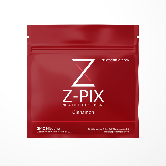 A red stand-up pouch of Z-Pix Nicotine Toothpicks in Cinnamon flavor, with white text and logo, on a clean white background.