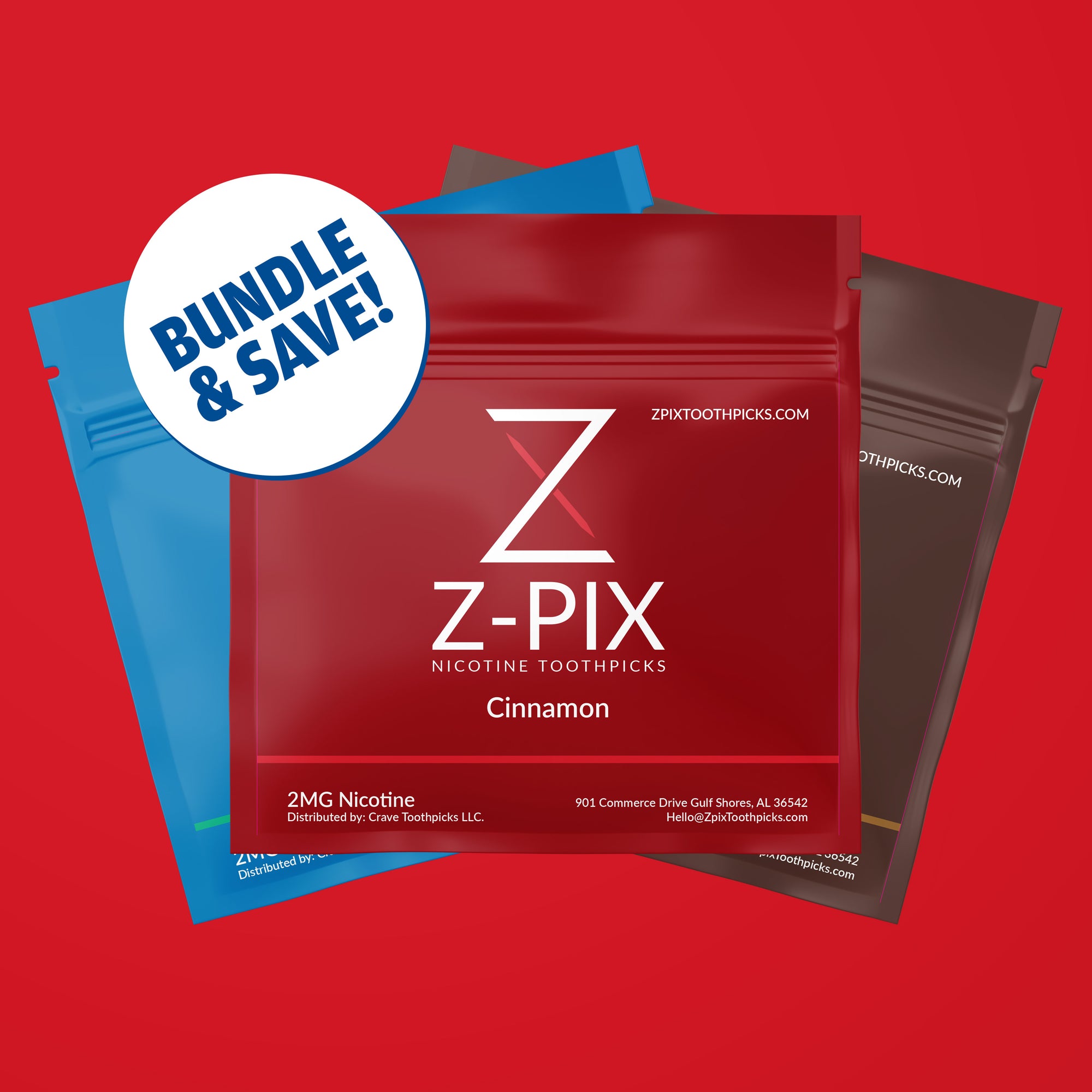 Three Z-Pix nicotine toothpicks pouches fanned out on a solid red background, with the front pouch in cinnamon red and a blue circular badge reading 'BUNDLE & SAVE!' overlaid on the left.