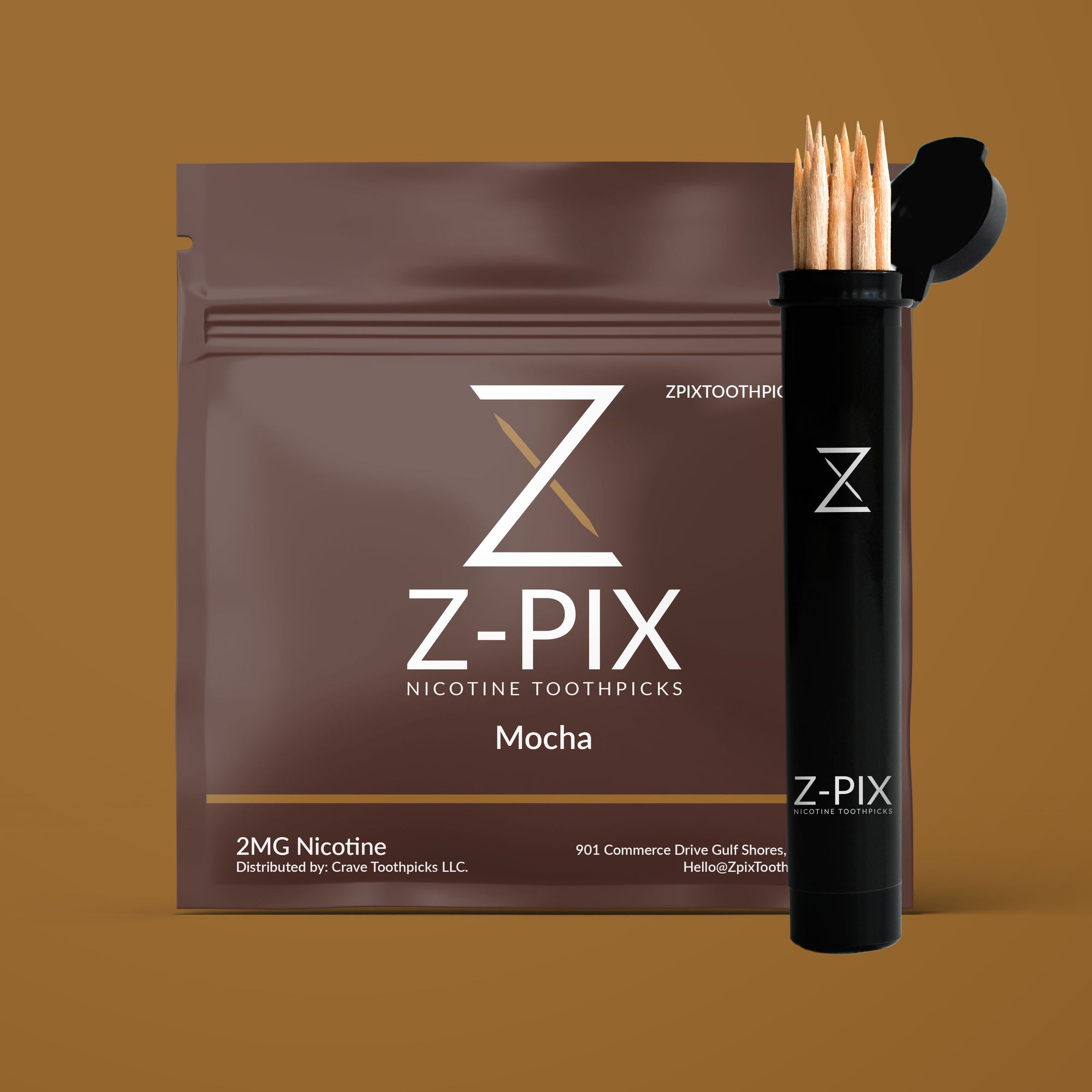 Z-Pix Nicotine Toothpicks in Mocha flavor, showing the brown pouch packaging and a black tube of toothpicks with wooden tips on a solid brown background.