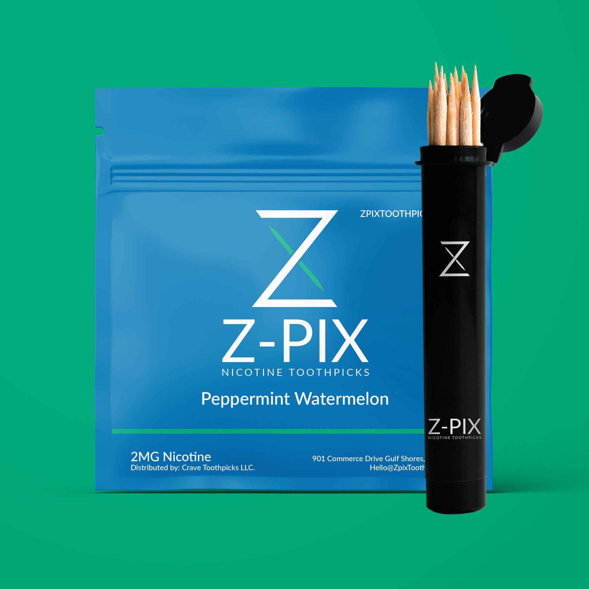 Z-Pix Nicotine Toothpicks in Peppermint Watermelon flavor, showing the blue resealable pouch and a black toothpick holder with wooden toothpicks on a solid green background.