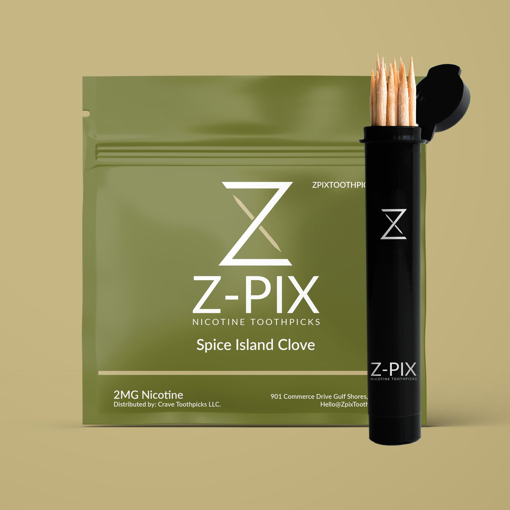 Z-Pix Spice Island Clove nicotine toothpicks shown with a black holder containing several toothpicks and a green pouch behind it on a beige background.