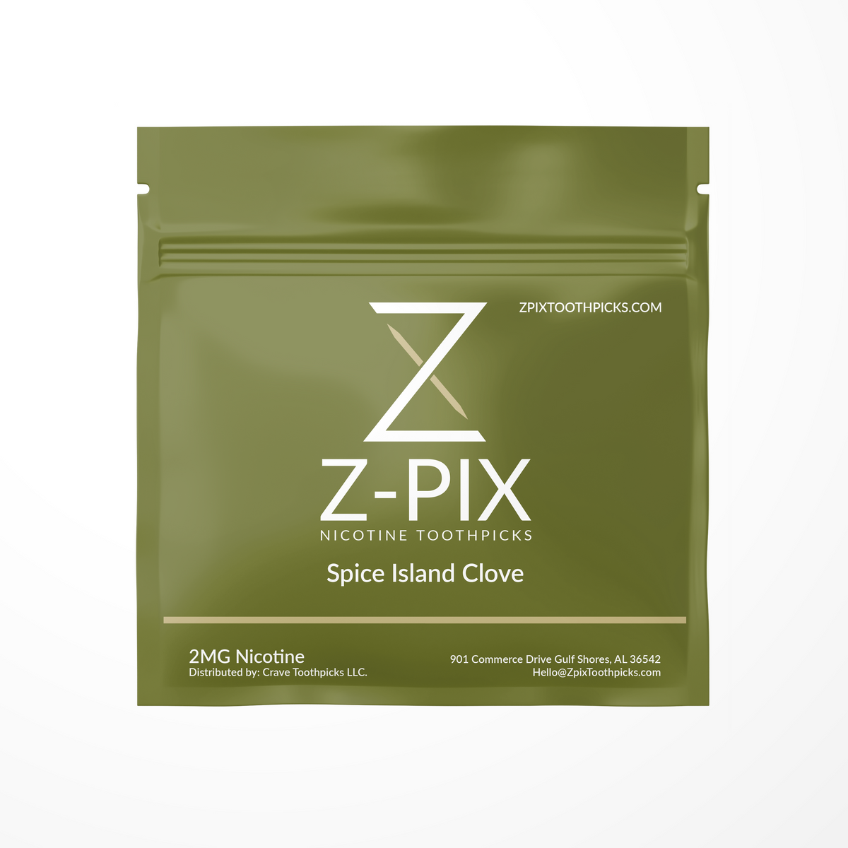 A single stand-up pouch of Z-Pix Nicotine Toothpicks in the Spice Island Clove flavor, shown against a plain white background. The pouch is olive green with white text and logo.