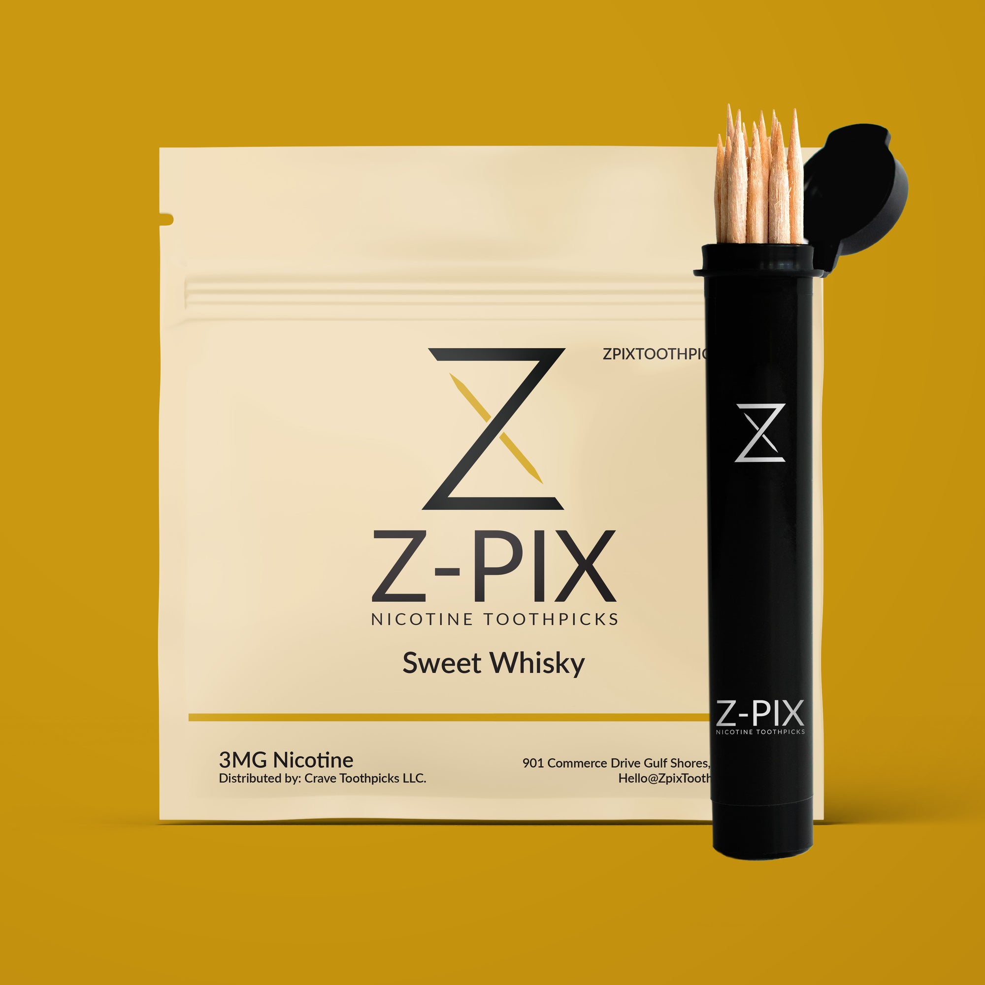 Z-Pix Sweet Whisky nicotine toothpicks shown with a black cylindrical holder containing several toothpick tips and a cream resealable pouch behind it on a mustard yellow background.