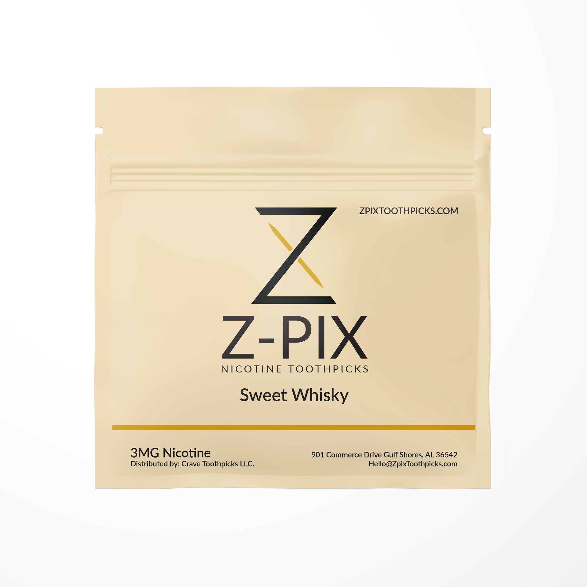 A single stand-up pouch of Z-Pix Nicotine Toothpicks in the Sweet Whisky flavor, featuring a light beige background with black and gold branding.
