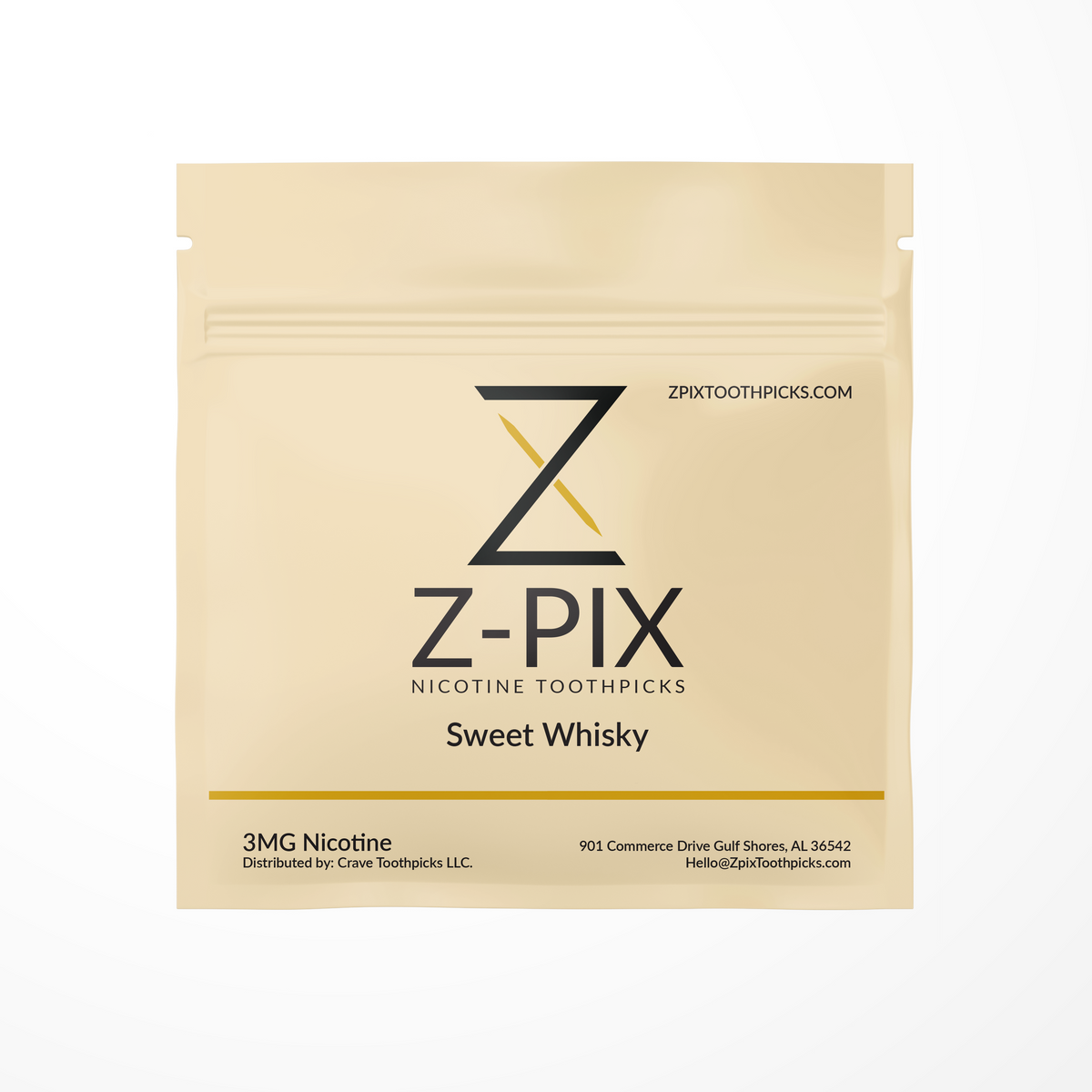 A single stand-up pouch of Z-Pix Nicotine Toothpicks in the Sweet Whisky flavor, featuring a light beige background with black and gold branding.