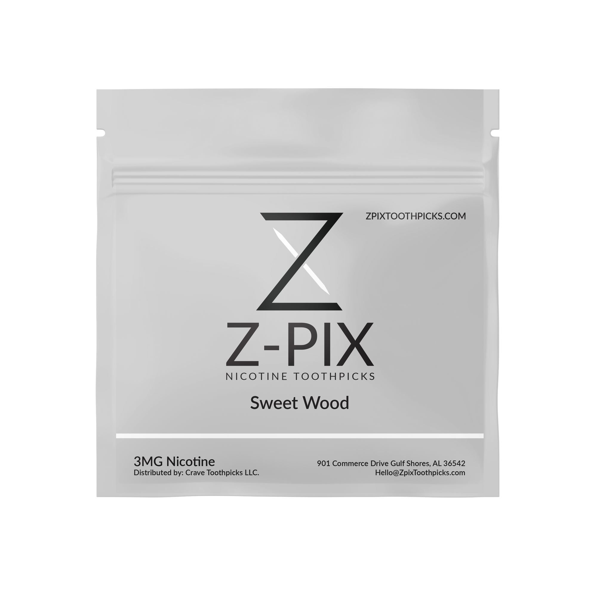 A silver resealable pouch of Z-Pix Nicotine Toothpicks in the Sweet Wood flavor, featuring a black and white Z logo on a clean white background.