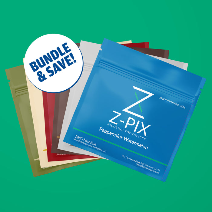 The 6 flavor packs in the Z-Pix Ultimate Flavor Bundle, with a white circular badge reading 'BUNDLE & SAVE!' on a solid green background.